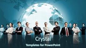  Presentation with globalization - Amazing slide set having world leaders - group of successful confident businesspeople backdrop and a ocean colored foreground