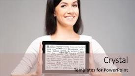  Presentation with world languages - Amazing PPT theme having world luanguage - beautiful female showing tablet backdrop and a coral colored foreground