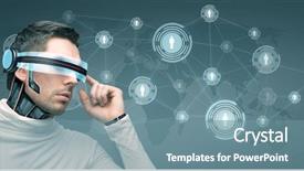  Presentation with futuristic glasses - PPT layouts consisting of world map and network background and a seafoam green colored foreground