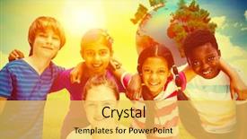  Presentation with huddle - Audience pleasing PPT theme consisting of happy children forming huddle backdrop and a yellow colored foreground