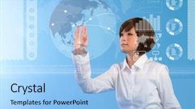  Presentation with woman world - Theme having world map economy - beautiful business woman pushing touch background and a light blue colored foreground