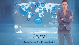  Presentation with economy - Colorful PPT theme enhanced with world map economy - stern businesswoman standing backdrop and a light blue colored foreground