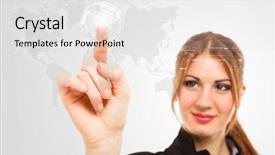  Presentation with touch screen - Colorful theme enhanced with world map economy - woman using a touch screen backdrop and a  colored foreground