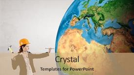  Presentation with planet mars and earth - Cool new presentation theme with world map economy - young businesswoman with hammer hitting backdrop and a coral colored foreground
