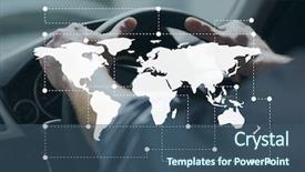  Presentation with person driving - Audience pleasing slide set consisting of world map icon against person backdrop and a ocean colored foreground