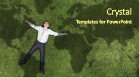  Presentation with grass waterfall - PPT layouts enhanced with world map shadow - businessman relaxing on grass background and a tawny brown colored foreground