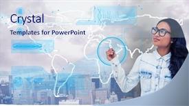  Presentation with generated image fractal geometry chaos - Colorful presentation design enhanced with world map shadow - digital generated image of woman backdrop and a sky blue colored foreground