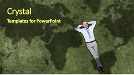  Presentation with grass - Colorful PPT layouts enhanced with world map shadow - relaxing businessman on grass backdrop and a tawny brown colored foreground