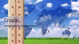  Presentation with weather climate - PPT theme enhanced with weather maps - world map with thermometer showing background and a light blue colored foreground