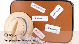  Presentation with world travel - Theme with world migration - travel suitcase hat and shoes background and a coral colored foreground