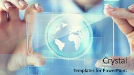  Presentation with mass media - Colorful presentation design enhanced with world network - business technology mass media backdrop and a light blue colored foreground