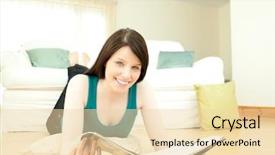  Presentation with woman world - Presentation theme with world news - brunette woman reading a magazine background and a  colored foreground