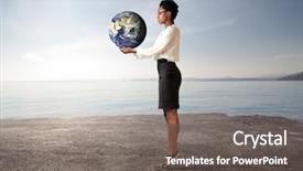  Presentation with hand holding earth - Colorful presentation design enhanced with world power - african businesswoman holding the earth backdrop and a gray colored foreground