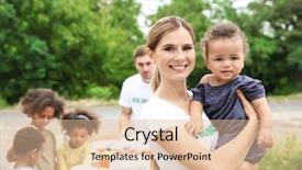  Presentation with african children - Audience pleasing PPT layouts consisting of children donation - young female volunteer holding little backdrop and a lemonade colored foreground