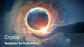  Presentation with hand holding earth - Presentation with skyline cityscape with solar flare background and a wine colored foreground.