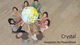  Presentation with world globe earth - Colorful slides enhanced with world peace - multiracial group of people holding backdrop and a coral colored foreground