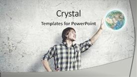  Presentation with earth - Cool new presentation design with world peace - young man touching image backdrop and a light gray colored foreground