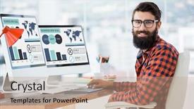  Presentation with happy image - Beautiful slide set featuring world shoulders - computer generated image of business backdrop and a coral colored foreground