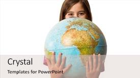  Presentation with cutout paper people standing around globe holding hands - Presentation enhanced with world shoulders - cute pupil smiling holding globe background and a lemonade colored foreground