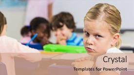  Presentation with sad lonely student sitting - Slide set featuring world shoulders - portrait of sad schoolgirl sitting background and a  colored foreground