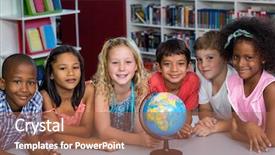  Presentation with kids room children smile - PPT theme with world shoulders - portrait of smiling children background and a coral colored foreground