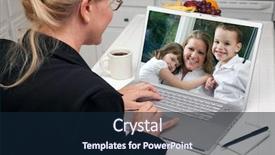  Presentation with can see clearly - Slides enhanced with world shoulders - woman in kitchen using laptop background and a navy blue colored foreground