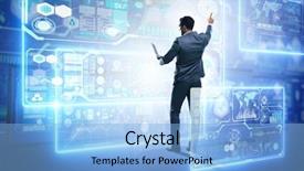  Presentation with data - Colorful slide set enhanced with world system analysis - businessman searching for big data backdrop and a light blue colored foreground