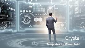  Presentation with data mining - Presentation design featuring world system analysis - man pressing virtual button background and a gray colored foreground