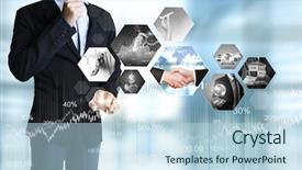  Presentation with world trade - Slide set featuring world trade - businessman with financial symbols coming background and a sky blue colored foreground