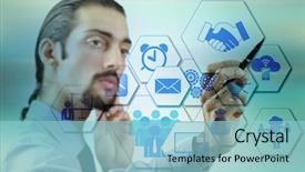  Presentation with virtual - Slides featuring world vision - businessman pressing virtual buttons background and a light blue colored foreground