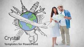  Presentation with map - Presentation theme consisting of world wide - happy hipster couple looking background and a light gray colored foreground