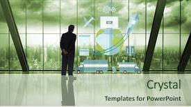  Presentation with businessman standing on mountain top - Cool new presentation theme with world wide delivery - businessman standing against room backdrop and a  colored foreground