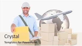  Presentation with yellow paper - Presentation theme having world wide delivery - casual man giving yellow paper background and a lemonade colored foreground