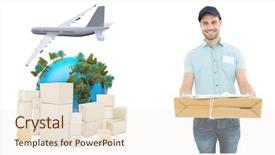  Presentation with logistics - Slide deck enhanced with world wide delivery - handsome courier man with parcel background and a  colored foreground