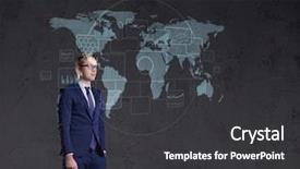  Presentation with globalization - PPT theme consisting of worldmap - businessman standing with briefcase world background and a dark gray colored foreground