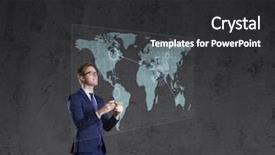  Presentation with globalization - Cool new presentation theme with worldmap - businessman standing with smartphone world backdrop and a dark gray colored foreground