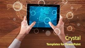  Presentation with hands holding black tablet - Slides having worldmap - caucasian business hands holding tablet background and a  colored foreground