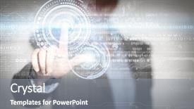  Presentation with media - Cool new slide deck with worldmap - close up of businesswoman touching backdrop and a gray colored foreground