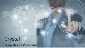  Presentation with finger - Theme with worldmap - close up of businesswoman touching background and a light blue colored foreground