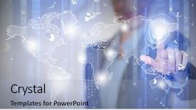  Presentation with finger - Audience pleasing slide set consisting of worldmap - close up of businesswoman touching backdrop and a light blue colored foreground