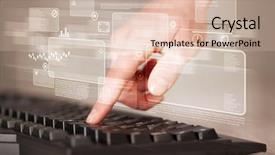  Presentation with high tech - Cool new presentation theme with worldwide finance - hand touching keyboard with high backdrop and a soft green colored foreground