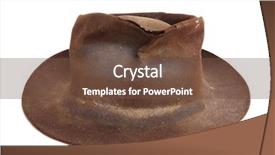  Presentation with well - Colorful presentation theme enhanced with worn-out old felt hat isolated on white well-used for more than fifty years backdrop and a tawny brown colored foreground