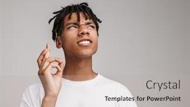  Presentation with good luck - Amazing PPT theme having worried-african-man-wearing-casual backdrop and a light gray colored foreground