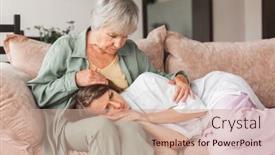  Presentation with mom crying - PPT theme having worried-aged-mother-embracing-comforting background and a coral colored foreground