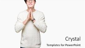  Presentation with elegant man in glasses optics - PPT layouts featuring worried asking for forgiveness religion background and a  colored foreground