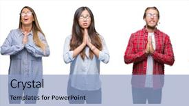  Presentation with people collage - Beautiful presentation design featuring worried asking for forgiveness religion backdrop and a light blue colored foreground