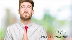  Presentation with business and religion - Presentation design enhanced with worried asking for forgiveness religion background and a soft green colored foreground