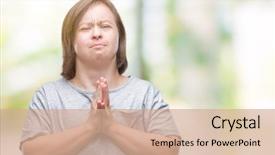  Presentation with hands down - PPT theme consisting of worried asking for forgiveness religion background and a coral colored foreground