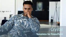  Presentation with military - PPT layouts enhanced with worried-biracial-male-soldier-wearing background and a ocean colored foreground