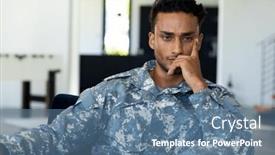  Presentation with military - Presentation design featuring worried-biracial-male-soldier-wearing background and a ocean colored foreground